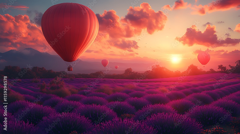 Fototapeta premium Red hot air balloons fly over a vibrant purple lavender field at sunset.