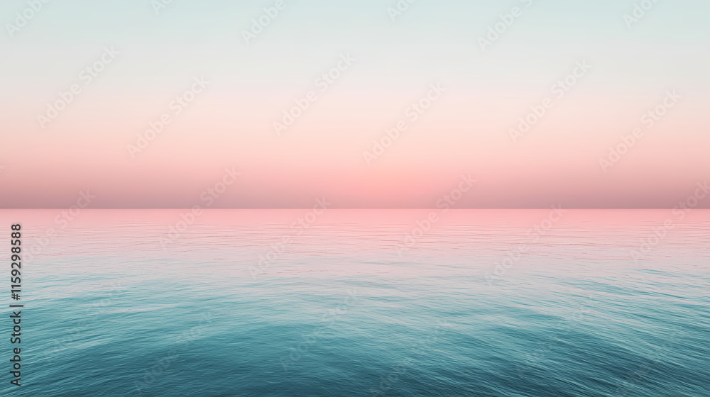 Obraz premium Pink Horizon: A serene vista of the ocean at sunset, painted in soft hues of pink and blue. The water stretches out towards the horizon, creating a sense of tranquility and vastness.