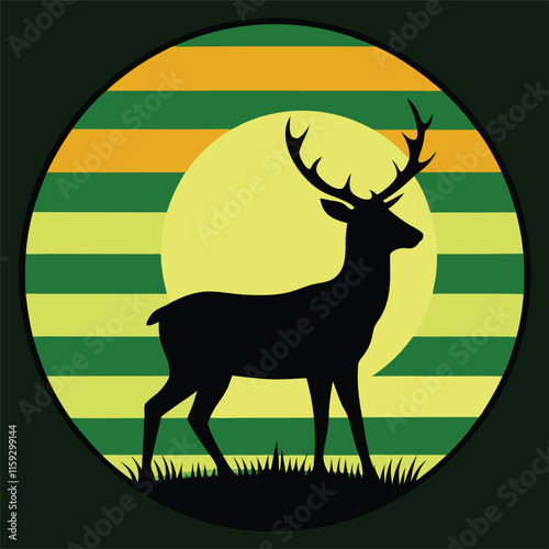 silhouette of deer on retro striped vintage background