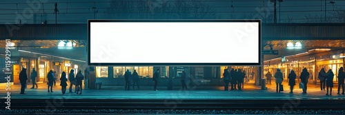 An expansive blank billboard dominates the platform scene at night, capturing an ambiance of potential for marketing against the silhouette of distant trees and lights. photo