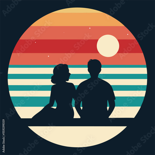 silhouette of couple sitting together on retro striped vintage background