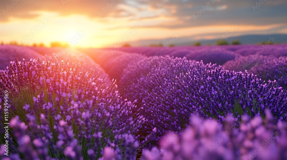 Fototapeta premium Vibrant lavender field at sunset, sun rays illuminating purple flowers.