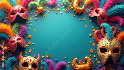 Cartel decorativo de carnaval con máscaras de colores vivos y hojas festivas, perfecto para proyectos gráficos de eventos y con espacio para escribir photo