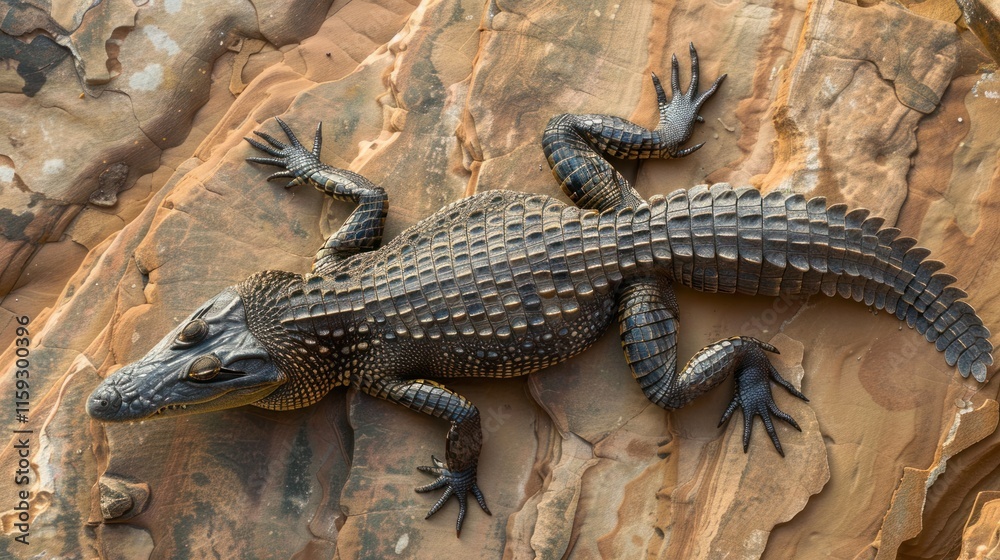 Fototapeta premium Juvenile crocodile resting on textured rock.