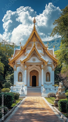 Wallpaper Mural Serene White Temple Surrounded by Lush Greenery and Dramatic Clouds Torontodigital.ca