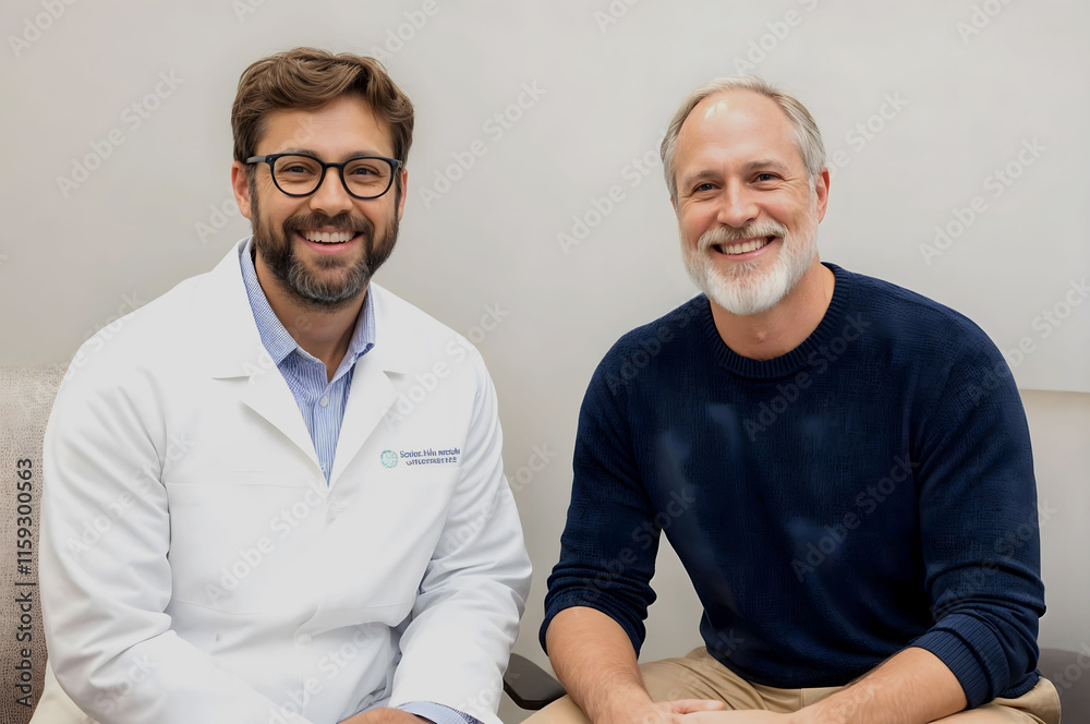 Obraz premium Friendly doctor and mature male patient smiling during a medical consultation in a professional healthcare setting, emphasizing trust, wellness, communication, positive doctor-patient relationships