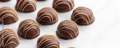 Minimal chocolates concept. Delicious chocolate treats with elegant drizzles for a sweet indulgence. photo