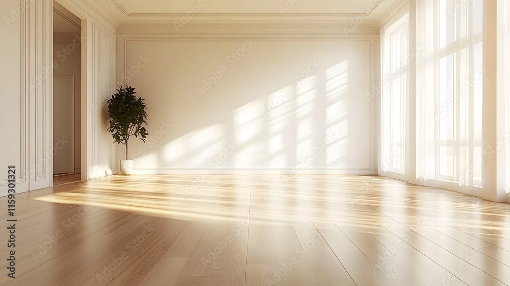 Fototapeta premium 3d render of modern empty room with wooden floor and large white plain wall. large luxury modern bright interiors room illustration 3D rendering.