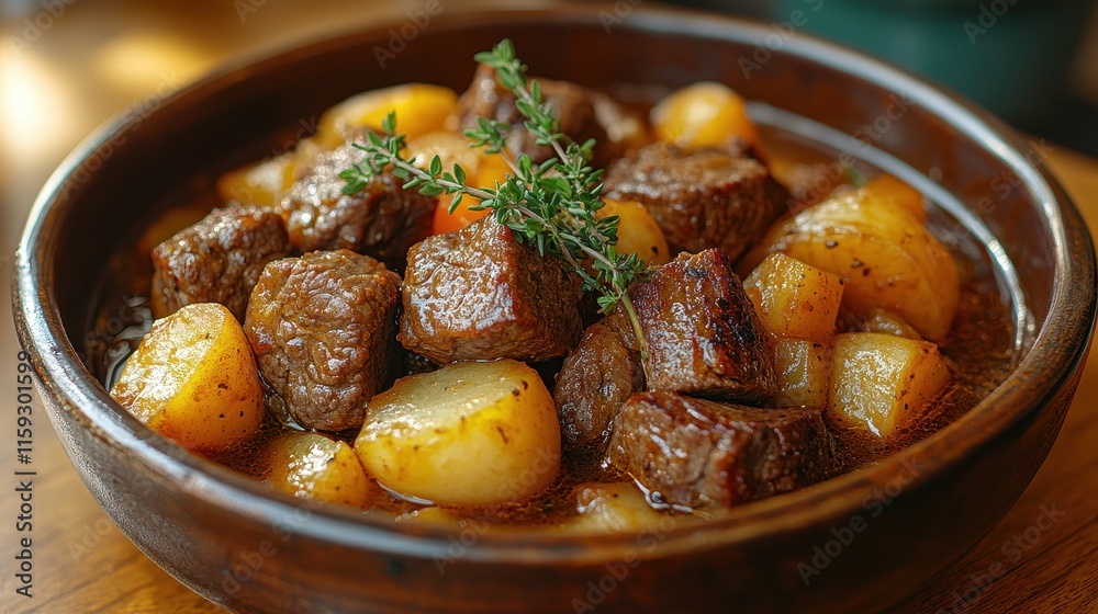 Shallow bowl of Irish stew with chunks of beef and potatoes garnished with parsley. Shallow bowl of Irish stew with chunks of beef and potatoes garnished with parsley.