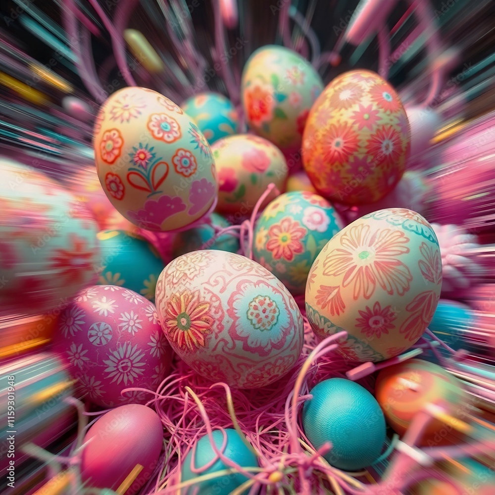 A basket of colorful eggs with flowers and other designs. The eggs are arranged in a way that they look like they are flying out of the basket. Concept of joy and celebration A basket of colorful eggs with flowers and other designs. The eggs are arranged in a way that they look like they are flying out of the basket. Concept of joy and celebration