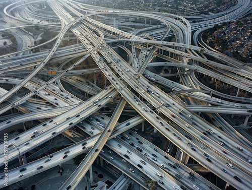 Complex highway interchange with traffic at dusk.