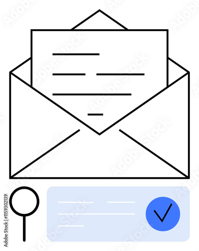 Open envelope containing a letter, magnifying glass, and blue approval checkmark. Ideal for communication, documentation, email marketing, verification, business correspondence, approvals audit