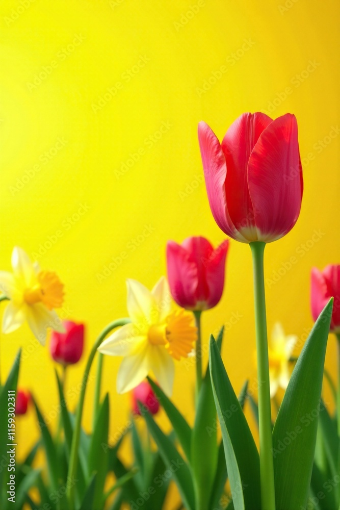 Tulips and daffodils against a bright yellow sky, sunshine, spring flowers Tulips and daffodils against a bright yellow sky, sunshine, spring flowers