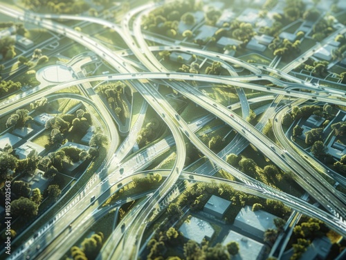Aerial view complex highway interchange with sunlight.