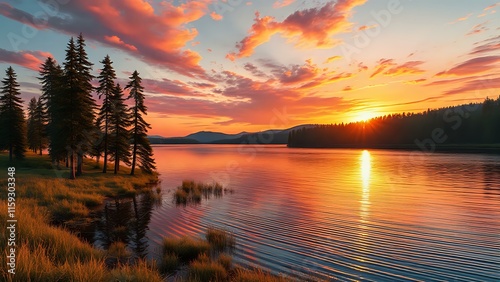 Art Deco Sunset Lake Scene