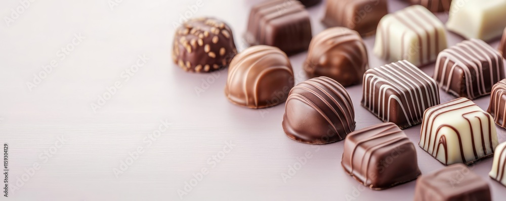 Minimal chocolates concept. Delicious assortment of handmade chocolates displayed elegantly on a light background. Minimal chocolates concept. Delicious assortment of handmade chocolates displayed elegantly on a light background.