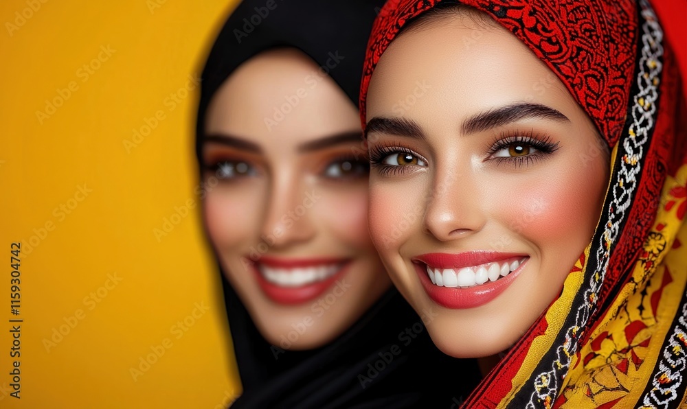 Joyful women celebrating Eid al-Fitr in traditional attire with vibrant backdrop and radiant smiles. Ramadan Kareem, Eid al-Fitr, Aid el Adha, Eid Fitr Mubarak, Islamic concept. Joyful women celebrating Eid al-Fitr in traditional attire with vibrant backdrop and radiant smiles. Ramadan Kareem, Eid al-Fitr, Aid el Adha, Eid Fitr Mubarak, Islamic concept.