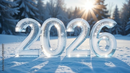 Ice Sculpture of 2026 on Snowy Ground – Winter New Year Concept