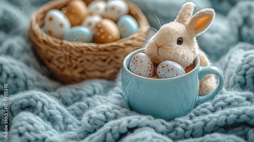 A cozy Easter morning scene with a cup of hot cocoa, a cute bunny plush, and a basket of chocolate eggs resting on a soft blanket photo