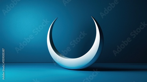 Crescent moon on modern blue wall symbolizes Ramadan celebration and Eid al-Fitr and Eid al-Adha