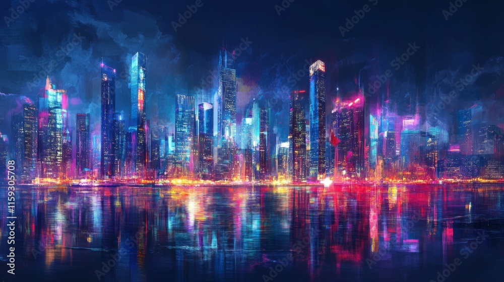 Fototapeta premium Bright Cityscape at Night with Water Reflections