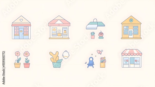 Cute Shop Illustrations Featuring Various Stores and Plants
