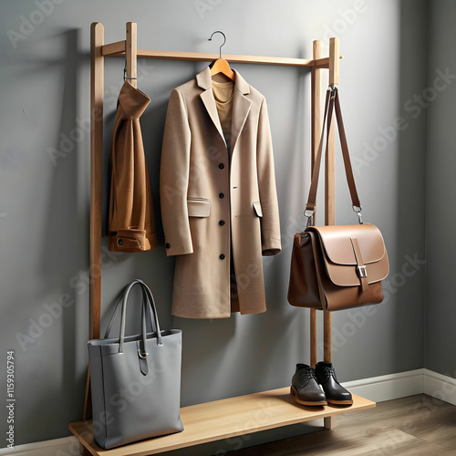 Coat Rack Displaying Bag and Jacket in Minimalist Style