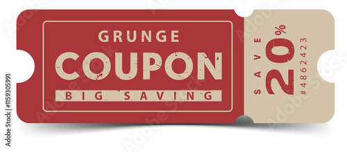 Coupon for sales and discounts ticket with text on beige and red background with grunge effect. Vector illustration.