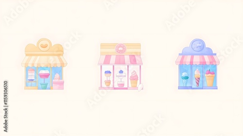 Three Pastel Colored Ice Cream Shop Illustrations
