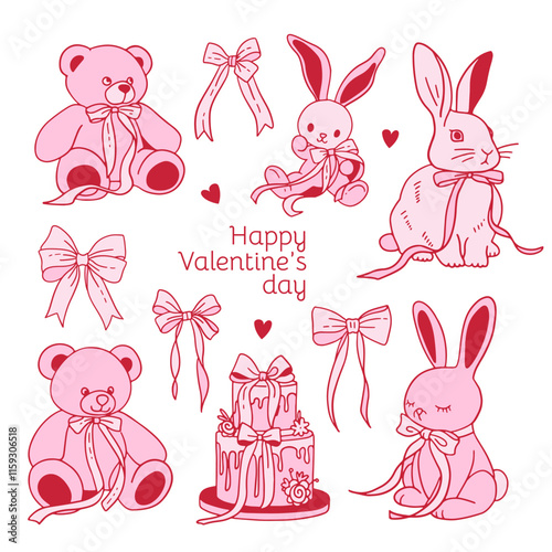 Set of cute Valentines doodles - coquette bunnies and teddies with vintage silk bows. Teddy bear, pink rabbit, wedding cake with ribbons. Linear hand drawn vector illustration.