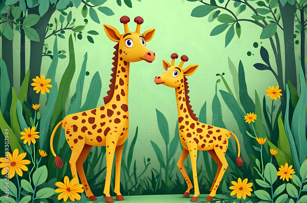 Fototapeta premium illustration of giraffes standing in the jungle