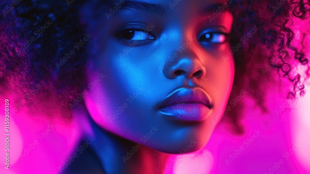 Vibrant, artistic portrait of a woman with blue and pink lighting effects. Vibrant, artistic portrait of a woman with blue and pink lighting effects.
