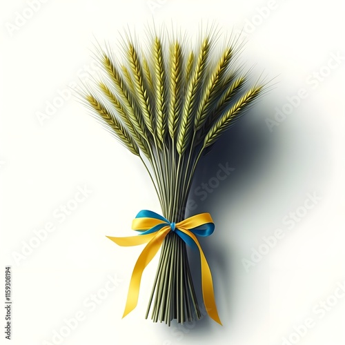 Digital matte painting with a small bouquet of spikelet tied with a yellow-blue ribbon on a white background.