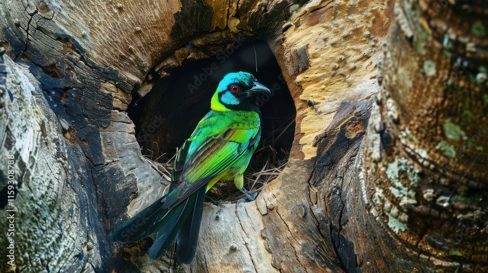 Vibrant green and blue bird in a tree cavity. Vibrant green and blue bird in a tree cavity.