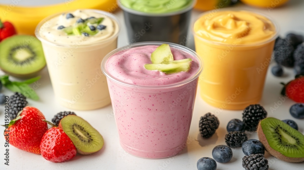 A colorful display of various smoothies surrounded by fresh fruits. A colorful display of various smoothies surrounded by fresh fruits.