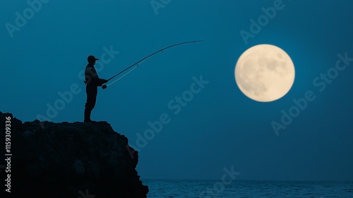 A serene night scene of a lone fisherman casting a line under the luminous full moon, creating a tranquil atmosphere at the sea.