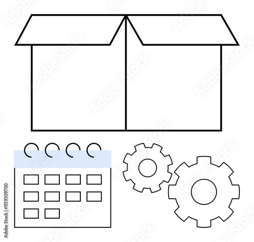 Open cardboard box, monthly calendar with spiral binding, and two interlocking gears. Ideal for logistics, project planning, productivity strategy, inventory management, process optimization