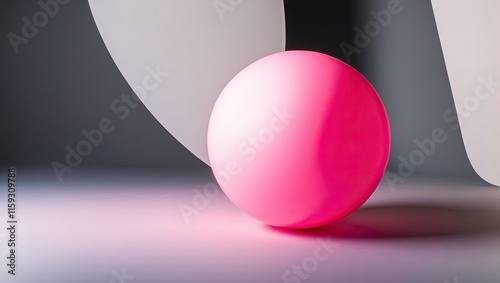 Vibrant pink sphere positioned against abstract geometric shapes, creating a modern and artistic atmosphere with soft lighting and minimalistic elements