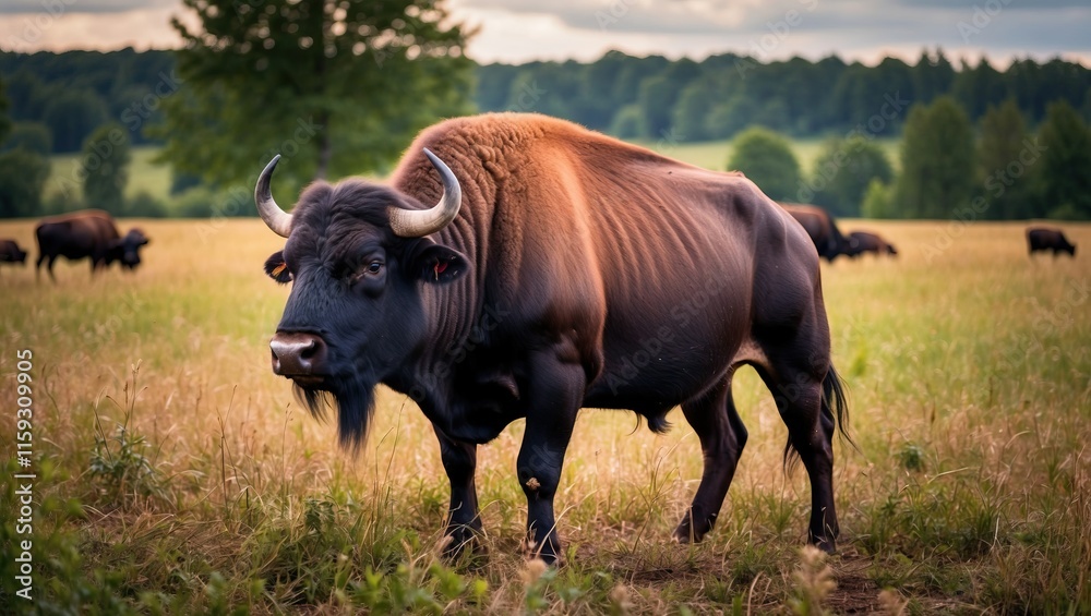 Strong bull stands in a serene pasture, embodying nature's tranquility and agricultural life Strong bull stands in a serene pasture, embodying nature's tranquility and agricultural life