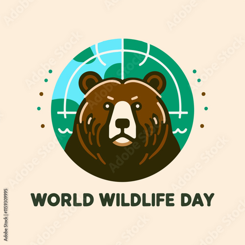Bear in a circle for World Wildlife Day. Suitable for environmental campaigns, nature conservation projects, wildlife awareness materials, and educational resources.