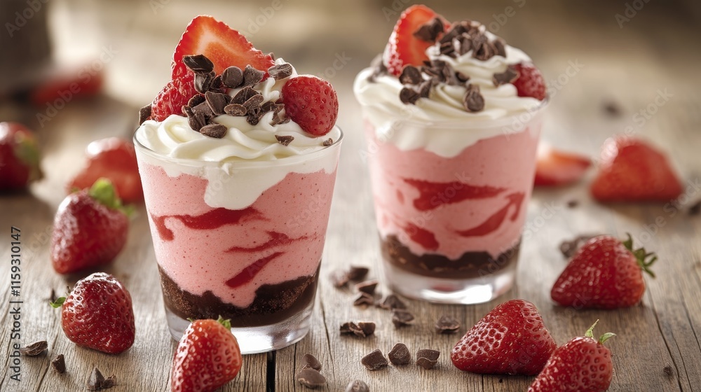 Two dessert cups filled with strawberry mousse, topped with whipped cream and chocolate chips. Two dessert cups filled with strawberry mousse, topped with whipped cream and chocolate chips.