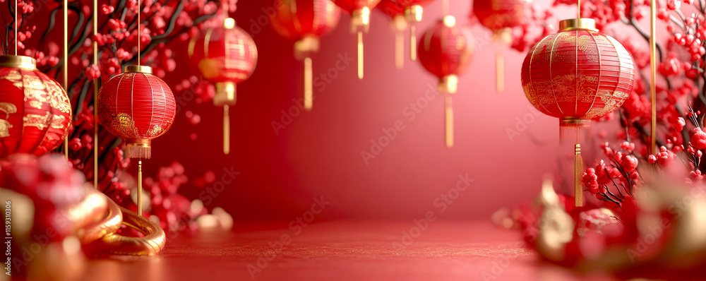 Fototapeta premium Festive Chinese New Year composition with traditional red lanterns, gold decorations, and floral elements, creating a celebratory and auspicious atmosphere.