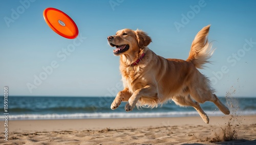 Golden retriever jumping on beach to catch frisbee, embodying playful energy and outdoor fun in a vibrant seaside setting
