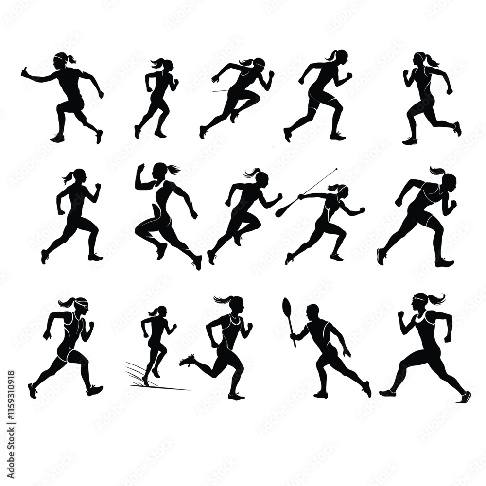 Set of Female Athlete Silhouettes Running and Competing in Track and Field Events