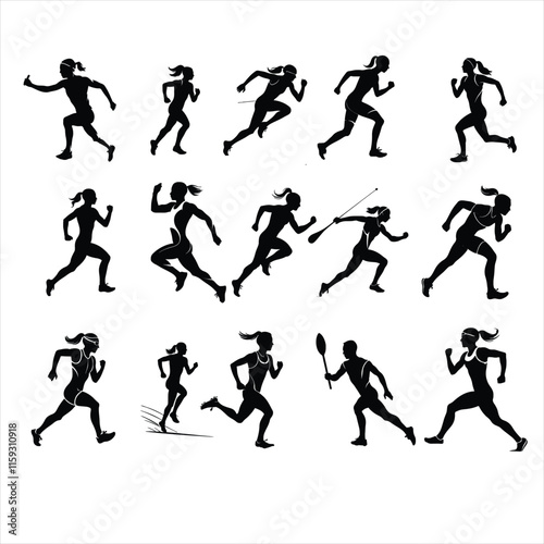 Obraz na płótnie Set of Female Athlete Silhouettes Running and Competing in Track and Field Events w salonie