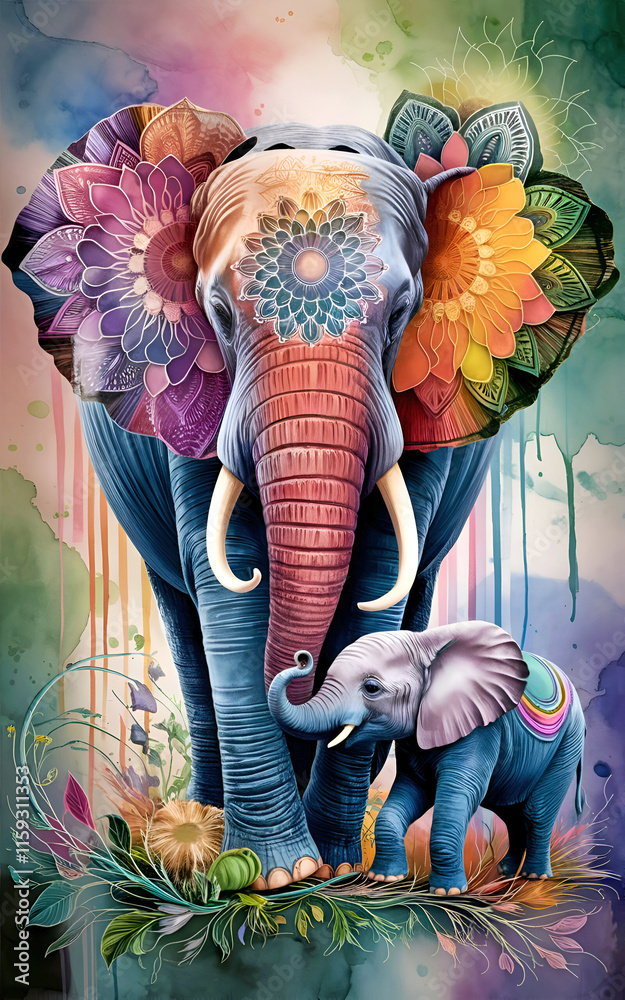 stunning fine art with elephant and her baby in pale dust colors and design floral elements. 3D render digital artwork. Ai generated