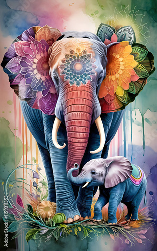 Obraz na płótnie stunning fine art with elephant and her baby in pale dust colors and design floral elements. 3D render digital artwork. Ai generated w salonie