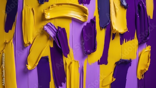 Vibrant abstract texture with purple and yellow paint strokes on a smooth surface, ideal for artistic projects and modern designs