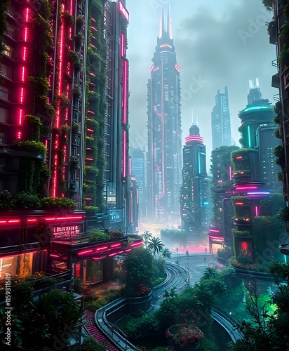 Futuristic Cyberpunk Cityscape with Neon-Lit Vertical Gardens photo