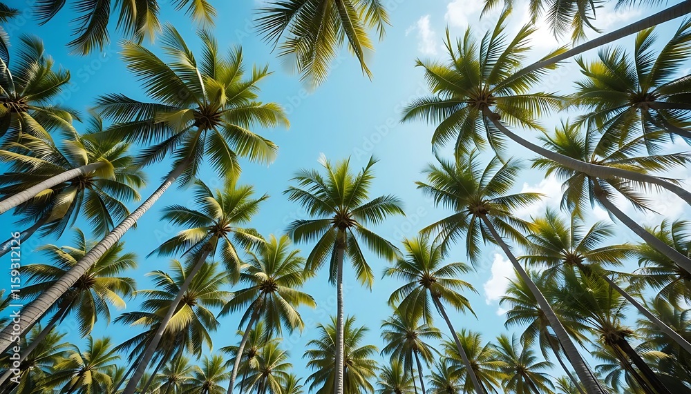 Fototapeta premium Tropical coconut trees under a sunny sky with palms and clouds, perfect for a summer vacation by the beach
